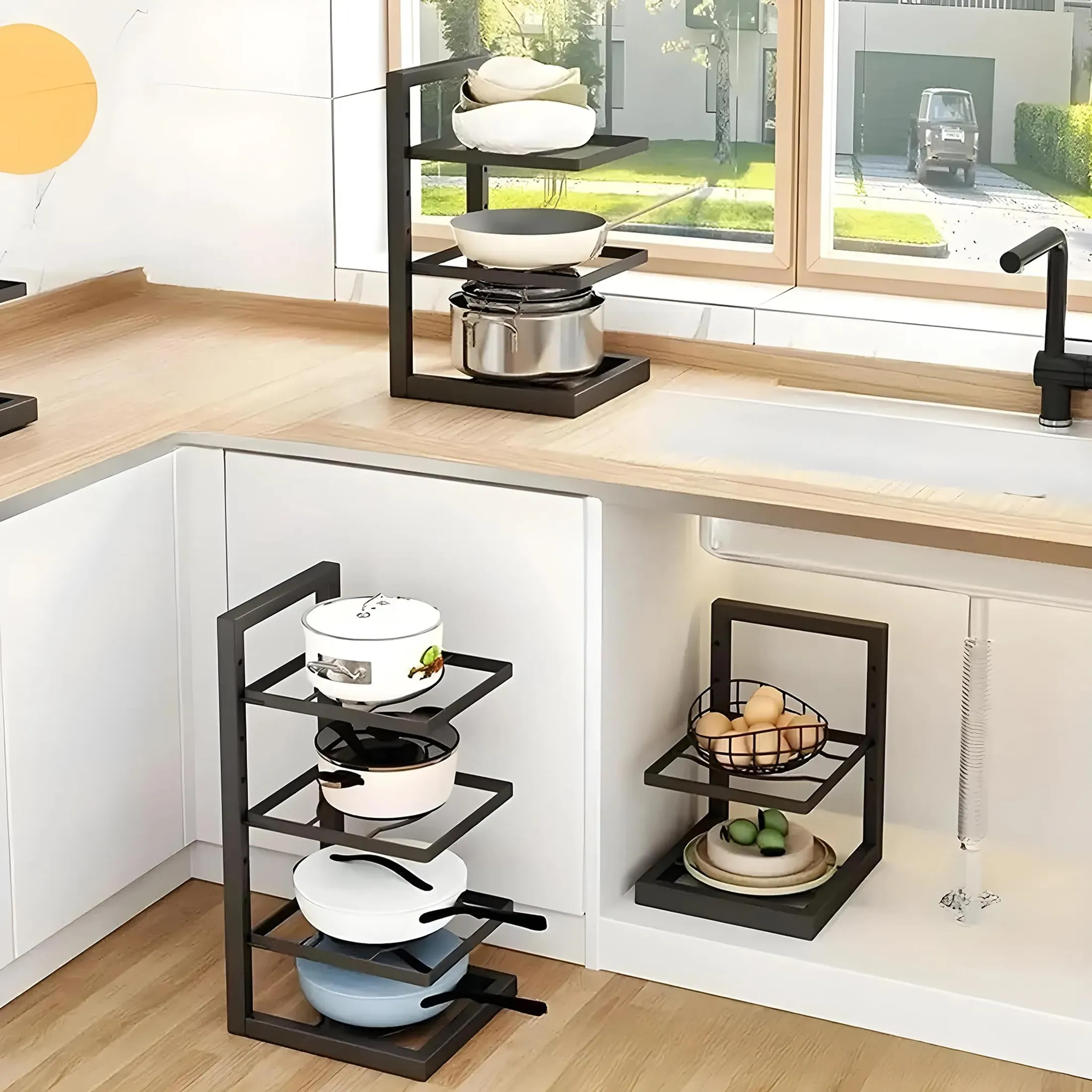 Kuber Industries 4-Layer Pots and Pans Organiser Rack|Kitchen Organization And Storage|Adjustable Pot Lid Holder Rack|Home Kitchen Accessories Pack of 5 (Black)
