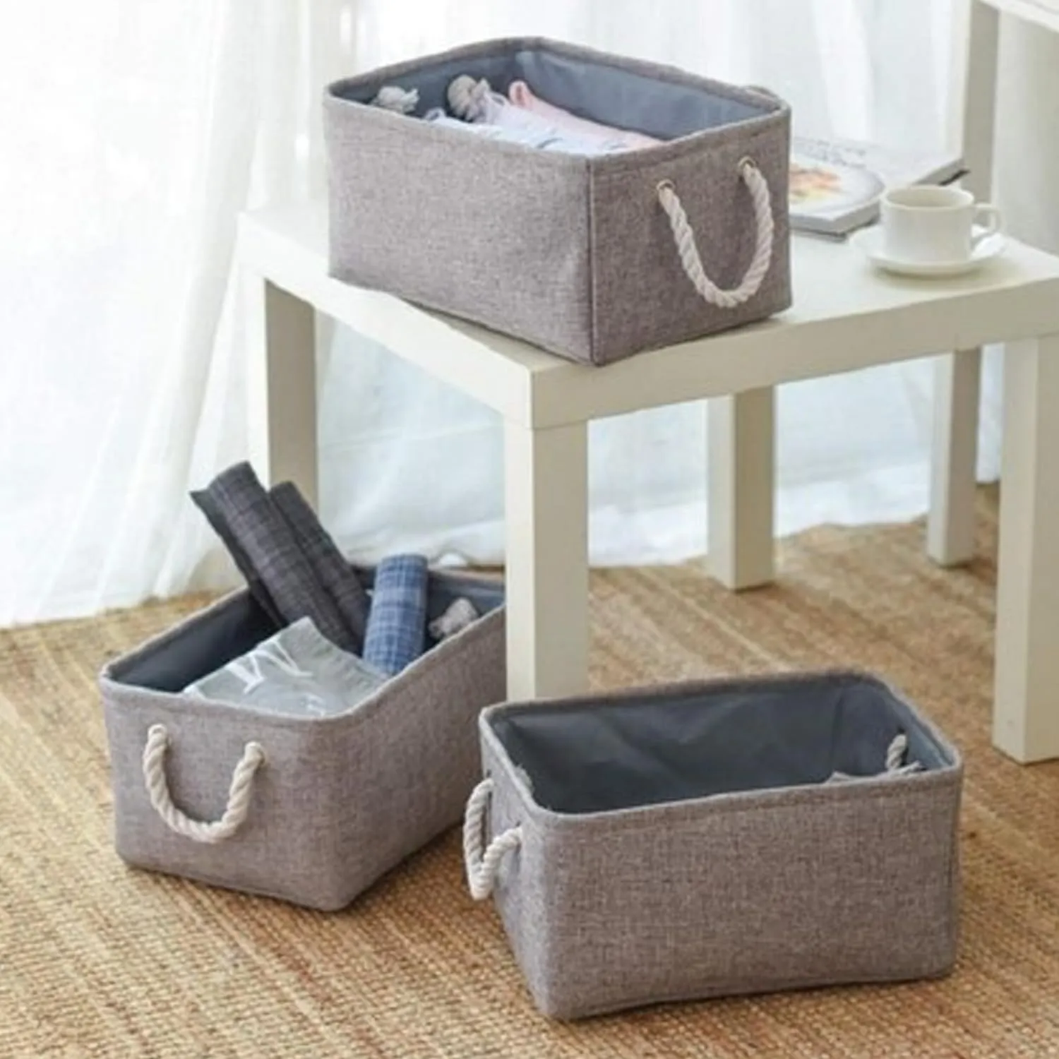 Kuber Industries 6 Pcs Stackable Storage Basket|Foldable Toy Storage Bin|Wardrobe Organizer For Clothes|3 Different Sizes (Grey) (Pack Of 2)