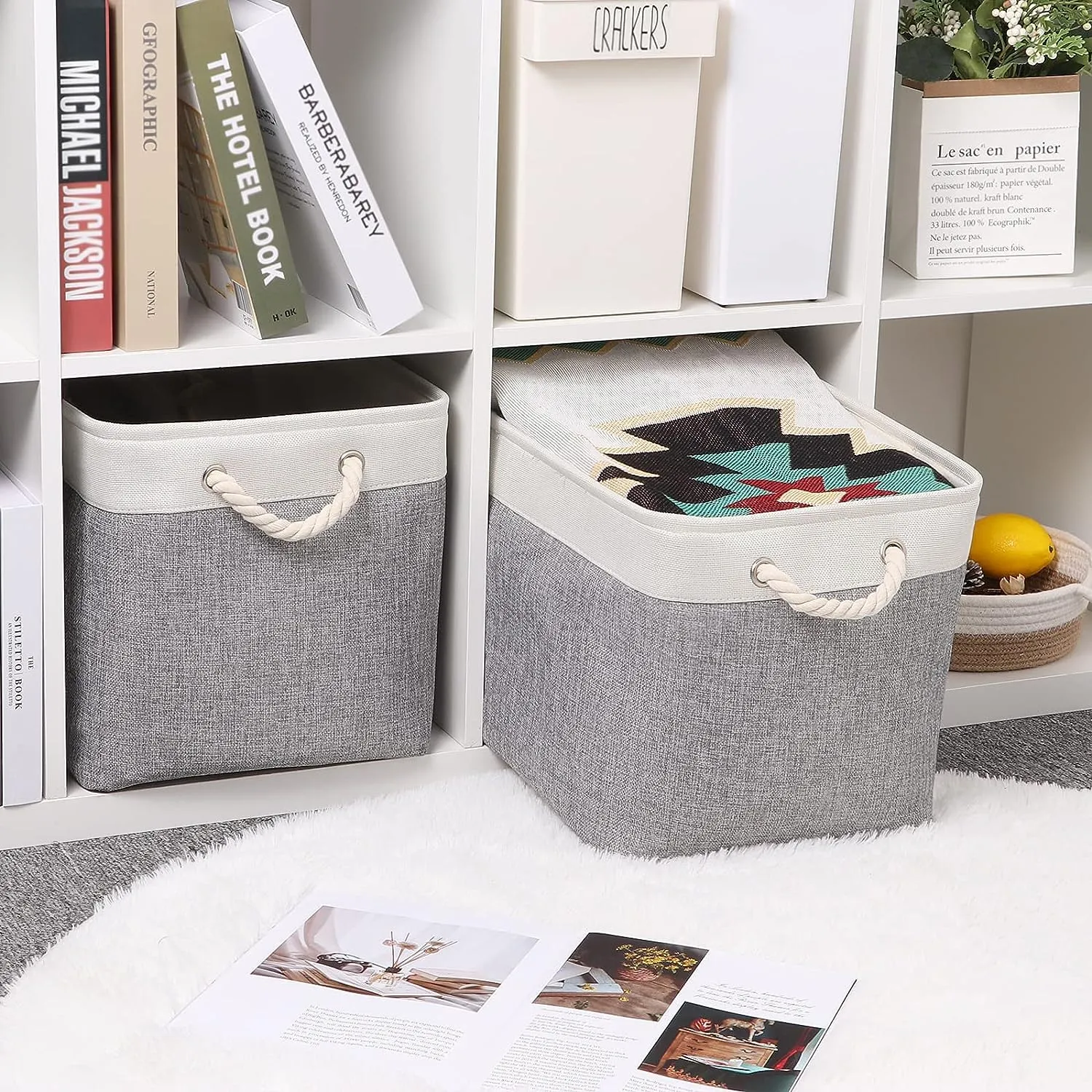 Kuber Industries Foldable Storage Basket|Polyester Toy Storage Bin|Wardrobe Organizer For Clothes (Grey & White) (Pack Of 2)