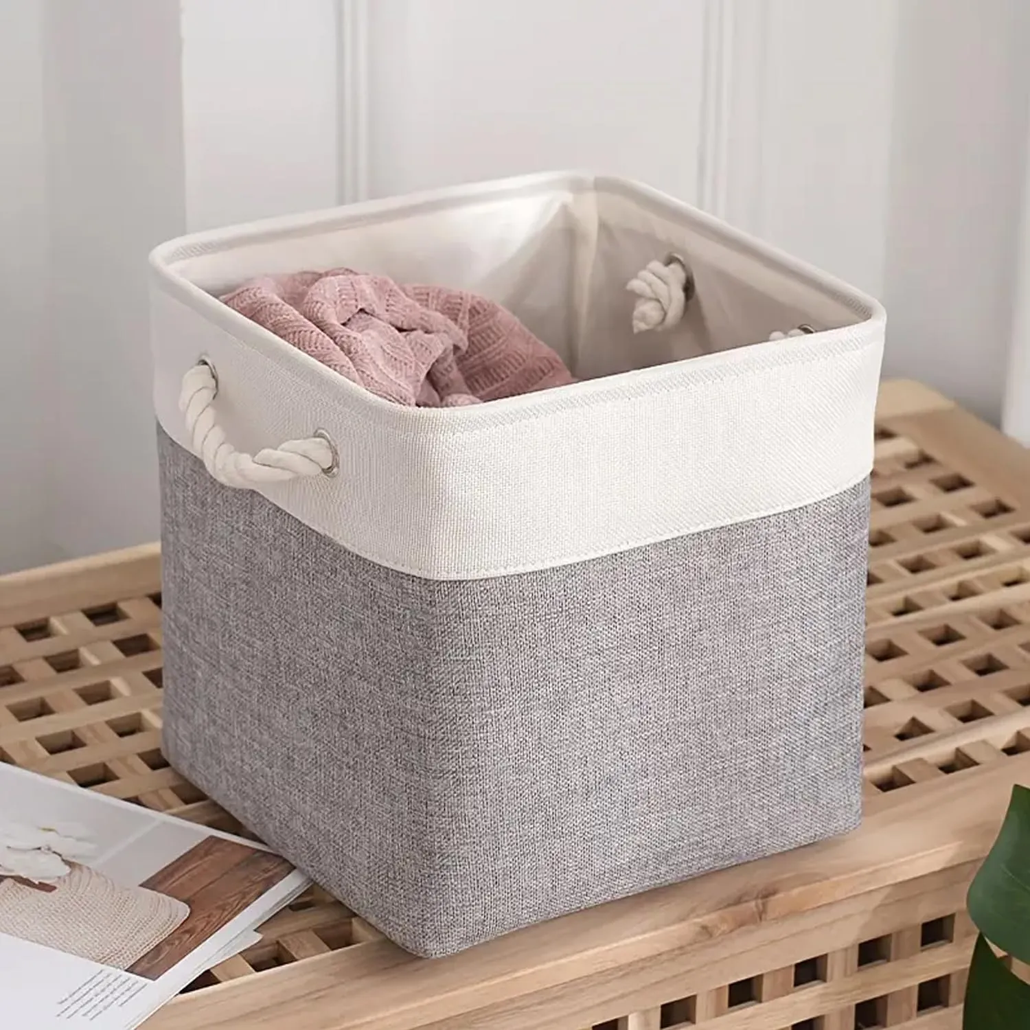 Kuber Industries Foldable Storage Basket|Polyester Toy Storage Bin|Wardrobe Organizer For Clothes (Grey & White) (Pack Of 2)