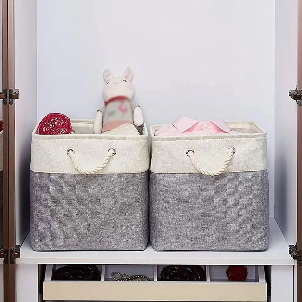 Kuber Industries Foldable Storage Basket|Polyester Toy Storage Bin|Wardrobe Organizer For Clothes (Grey & White) (Pack Of 2)