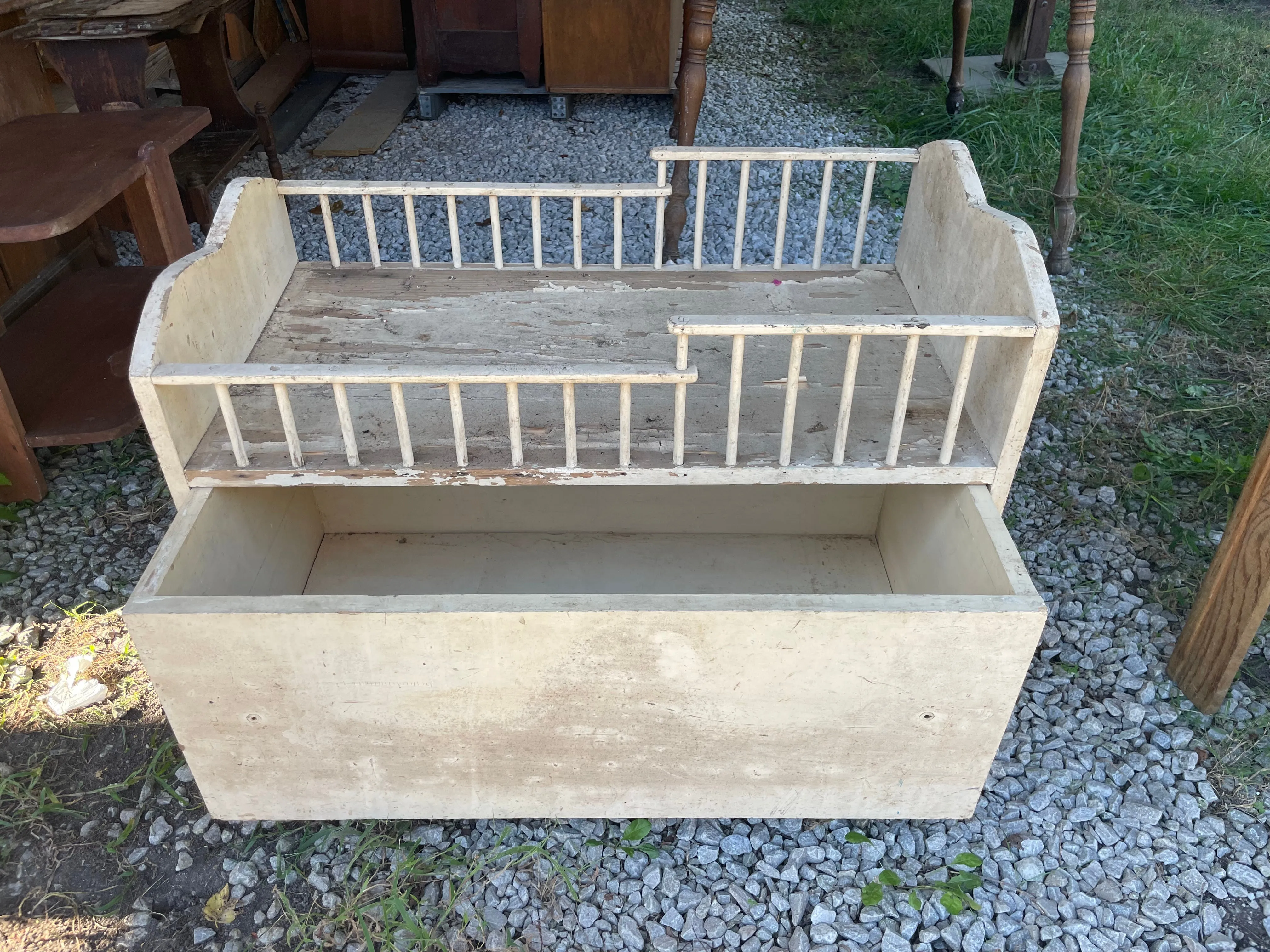 <* Vintage Handmade Wood Toy Chest Box and Baby Bed Pull Out Drawer
